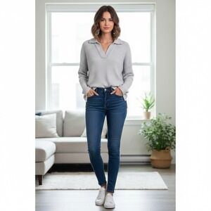 LOFT Outlet Grey Ribbed Knit Pullover Sweater Womens Size XL‎ Split Neck Cozy
